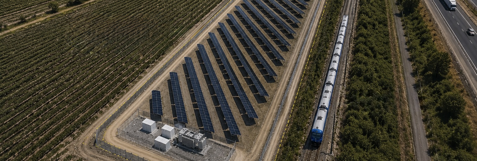Aerial view of solar array adjacent to an electrified railway corridor in South America
