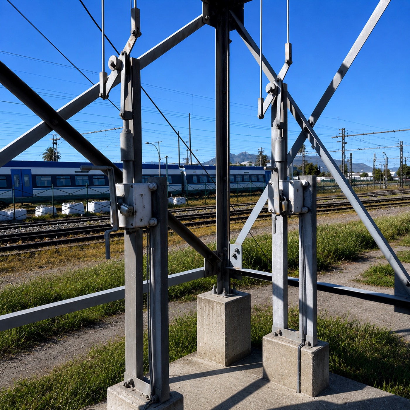 OLE catenary tensioning structures at a rail yard with train in background
